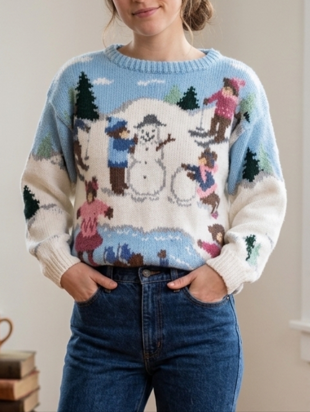 Vintage 80s Hand-Knit Intarsia Winter Wonderland Scenic Sweater - Skaters & Snow